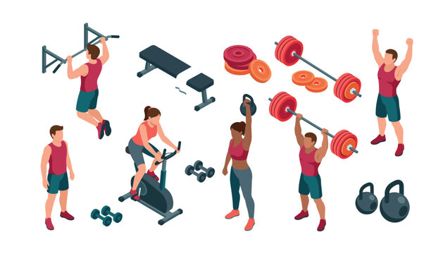 Isometric gym workout vector set with people lifting barbell weights kettlebell stationary bicycle isolated on white background