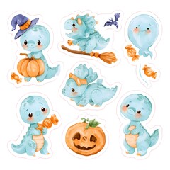 Obraz premium Cute watercolor baby dinosaurs and ghost celebrating Halloween with pumpkins and candy