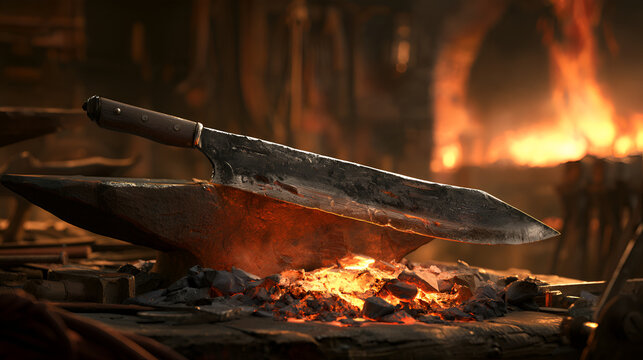 Freshly Forged Blade Resting On A Glowing Anvil In A Rustic Forge