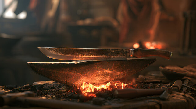 Freshly Forged Blade Resting On A Glowing Anvil In A Rustic Forge