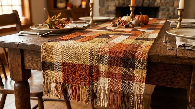 Cozy Autumn Table Runner Adorns Rustic Wooden Dining Table