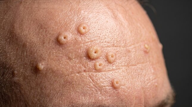 Extreme macro of human skin with small umbilicated papules caused by molluscum contagiosum