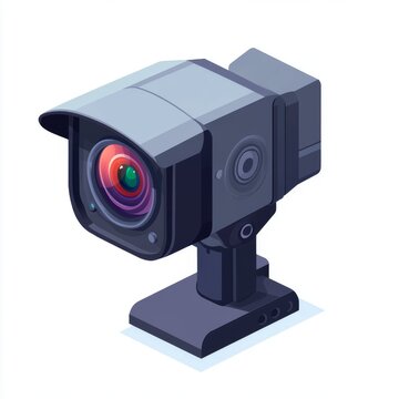 A 3D isometric illustration of a gray outdoor CCTV security camera with a detailed lens, designed for surveillance and monitoring.   