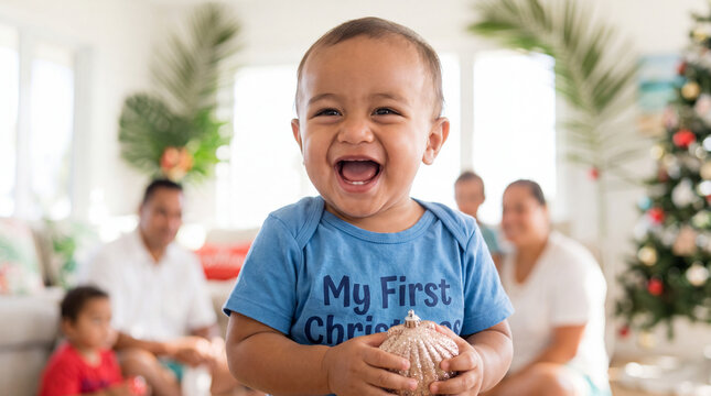 Bright Pacific Islander baby boy in ocean blue My First Christmas shirt holding a shell ornament laughs in a beach house, for coastal holiday banners and invitations.