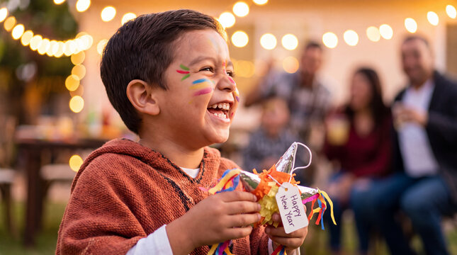 Happy Hispanic boy in terracotta poncho holding a Happy New Year mini pinata laughs at a lively fiesta, ideal for festive family celebration banners and cards.