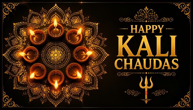 Happy kali chaudas greeting card design with glowing oil lamps 