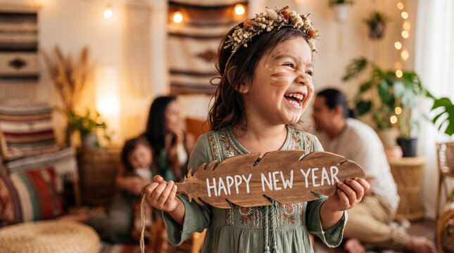 Happy Native American girl in sage green outfit holding a Happy New Year feather sign laughs in a boho room, perfect for earthy holiday social posts and cards.