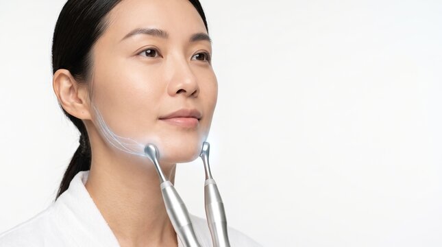 Asian woman receiving microcurrent facial lifting and jawline contouring beauty massage