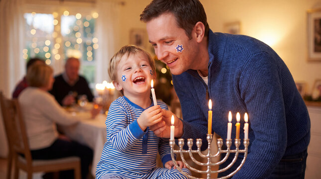 Joyful Caucasian father and son lighting a silver menorah together during Hanukkah celebration, ideal for family holiday greeting cards and banners.