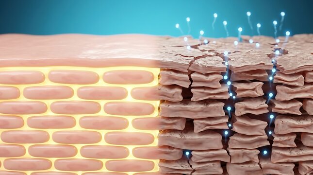 3D scientific comparison of healthy hydrated skin cells versus dry cracked skin barrier