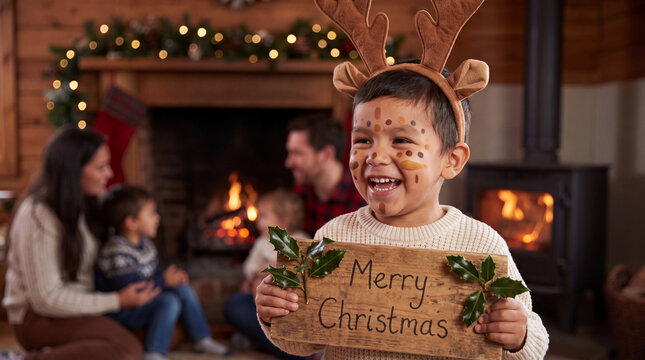 Joyful Native American boy in cream knit outfit holding a Merry Christmas wooden sign laughs in a rustic cabin, great for cozy seasonal cards and banners.