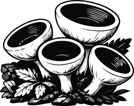 Hand-drawn black and white illustration of several wild mushrooms growing among leaves and natural foliage. The artwork features bold organic outlines, high-contrast monochrome shapes, decorative line