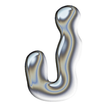 Futuristic liquid chrome letter J with wavy distorted shape and metallic reflection