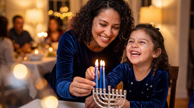 Laughing Latino mother and daughter arranging a silver menorah with blue candles at festive dinner, perfect for Hanukkah invitations and social posts.