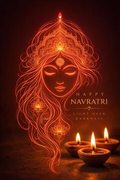 Happy Navratri Greeting Card with Glowing Goddess Durga Line Art and Diyas. 