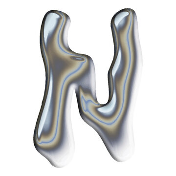 3D liquid chrome letter n with iridescent holographic metallic texture