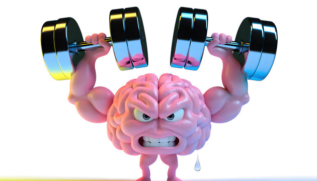 Muscular human brain lifting heavy metallic dumbbells. Cognitive fitness and mental strength development. Strong cartoon brain character exercising with weight barbells