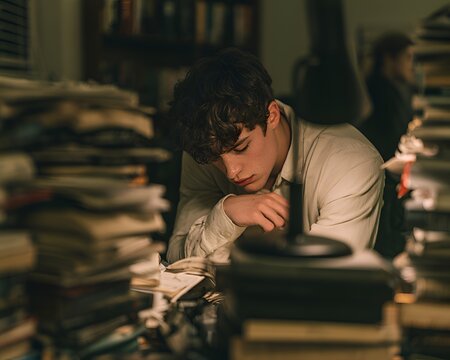 Young man with curly hair studying late at night surrounded by books