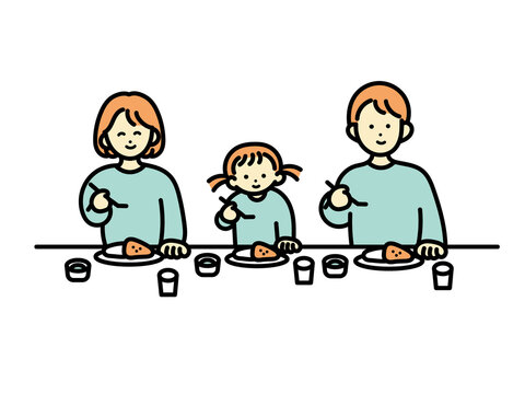 カレーライスを食べる家族3人のイラスト