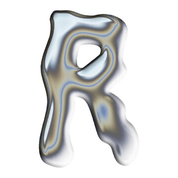 Stylized letter R with liquid metal chrome effect and fluid wavy texture 