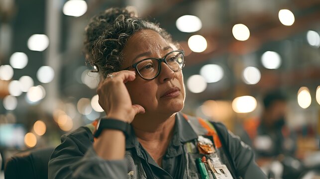 Middle aged woman wearing glasses and work uniform looking thoughtful in a factory
