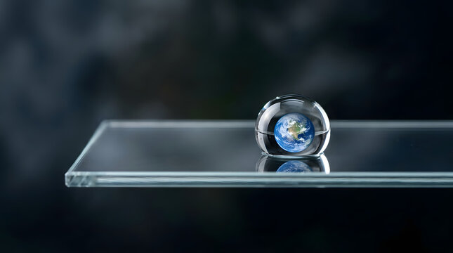 Fragile Earth Concept with Miniature Globe Inside Glass Sphere on Reflective Surface