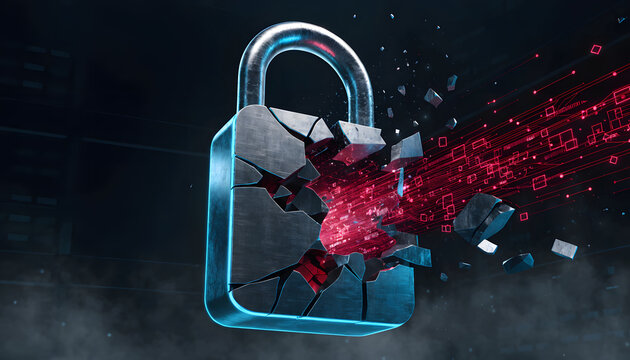Heavy steel padlock shattered by a red laser cyberattack beam. Cyber security breach and malware data penetration. Broken metallic lock exploding into pieces under data stream