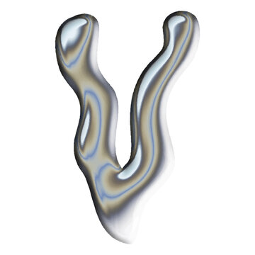 3D Rendered Liquid Metal Letter V with Reflective Chrome Textur
