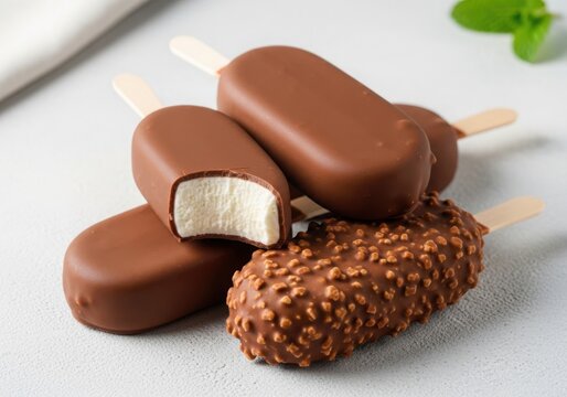 Three delicious chocolate covered ice cream bars on sticks with a bite taken out of one