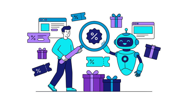Smart Shopping Assistant man and AI robot using magnifying glass to find discounts among gifts and coupons ideal for e-commerce marketing and AI-driven retail technology.