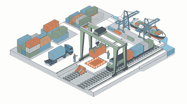 Elegant of Modern Container Port with Colorful Cargo Stacks Cranes Trucks and Shipping Operations
