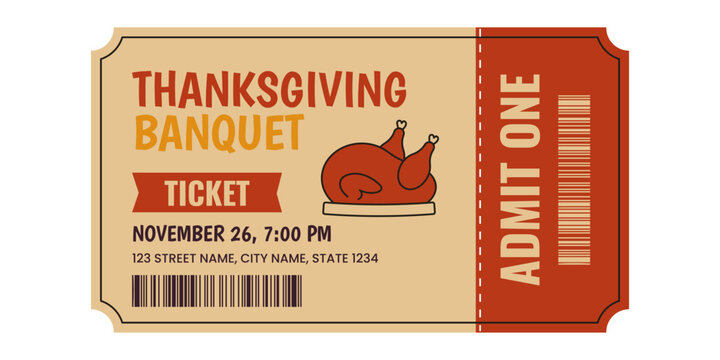 Retro Thanksgiving Banquet ticket template with date, time, place, admit one, barcode and turkey icon. Vintage Thanksgiving event design. Vector illustration
