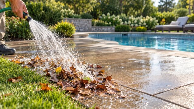 Hose rinsing wet leaves off pool deck mid-spray, deck cleanup action banner copy space