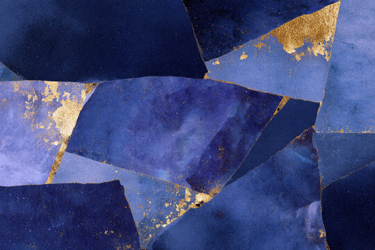 Textured blue and gold torn paper collage background with metallic accents for luxury abstract poster and wallpaper design