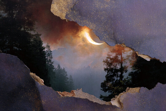 Torn paper collage revealing a crescent moon over a misty forest for dramatic background poster and banner design with layered textured edges