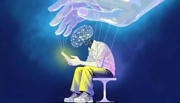 Giant translucent hand manipulating smartphone user like a puppet. Digital addiction and thought control concept. Boy sitting on stool using mobile phone held by puppet strings