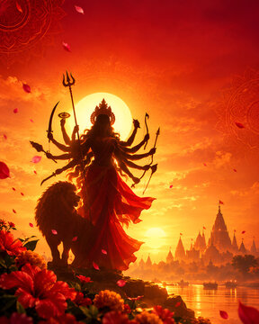 Goddess durga silhouette at sunset with mythological deity divine silhouette sunset sky