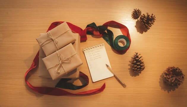 Christmas Gift Wrapping Flat Lay with Kraft Paper Presents, Ribbon, Notepad, and Pinecones on Wooden Desk