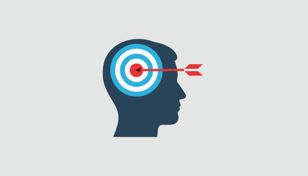 Human head profile vector icon featuring a blue and white target with a red arrow hitting right in the center.