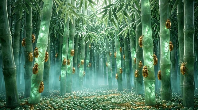Prosperity Abundance Fantasy Jade Bamboo Forest Golden Beetles Luxury Nature Spirit Art
