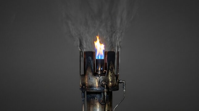 Close-up of a vintage metallic industrial burner emitting a vibrant blue and orange flame with wisps of smoke against a dark grey background. Ideal for energy, science, and retro tech themes.