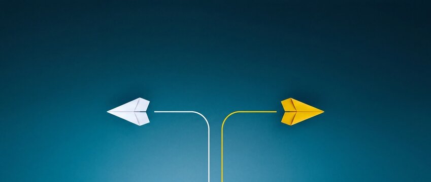 Two Origami Paper Airplanes Flying in Opposite Directions Following Different Paths on Teal Background, Concept of Decision Making, Strategic Choices, Career Paths and Business Options
