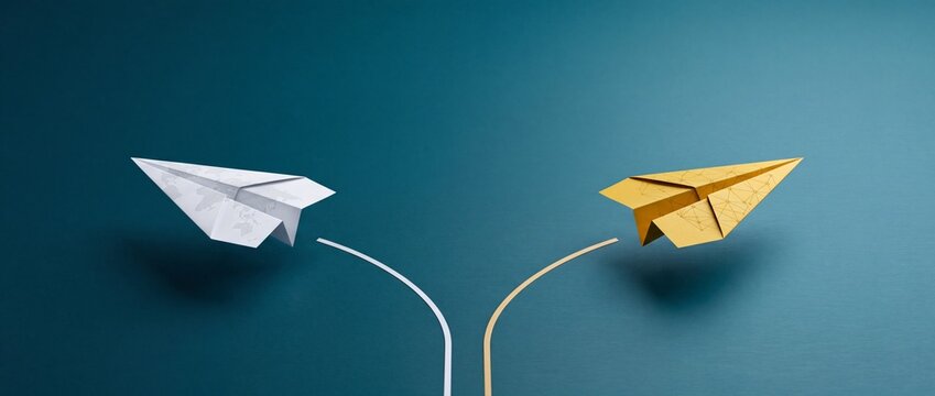 Two paper airplanes flying in opposite directions on a blue background, symbolizing strategic decision making, business divergence, choosing different paths, and unique career goals.