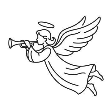 Flying Angel Playing A Trumpet Line Art Icon For Religious Holiday Celebration