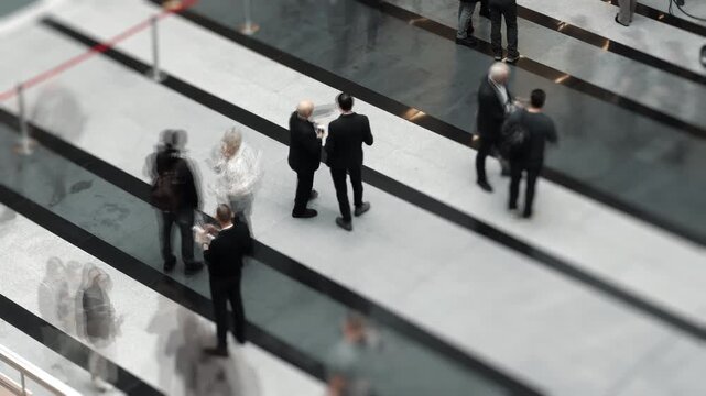 Two people stand and talk while a blurred crowd moves rapidly around them in time lapse. Concept of busy life, human connection, communication and fast-paced society.V