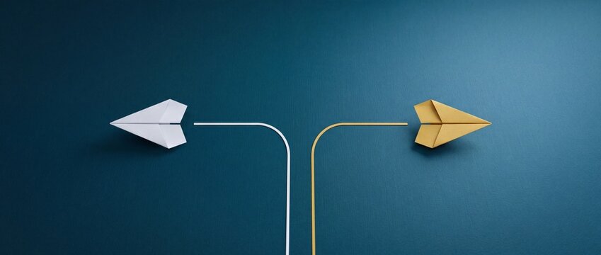 Two paper planes flying in opposite directions from a single path on a blue background, symbolizing decision making, choosing a career path, strategic business directions, and unique solutions.