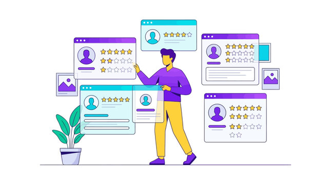 Customer Feedback Management. Man managing multiple user review windows with star ratings and avatars. Ideal for business reputation management and customer service marketing.