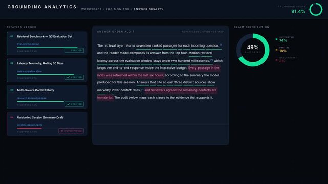 Explore the AI Answer Grounding Dashboard showcasing citations and unsupported claims with a visually engaging dark interface and animated metrics for analysis.
