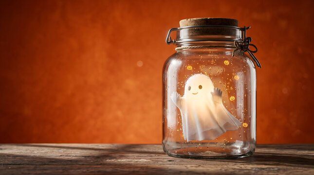 A small glowing ghost figure trapped inside a closed glass jar sitting on a wooden surface.