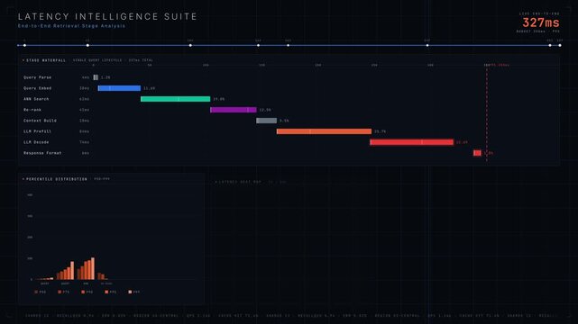 Visual representation of a RAG Search Latency Dashboard showcasing retrieval processing stages with animated metrics and vibrant color-coded charts for data analysis.